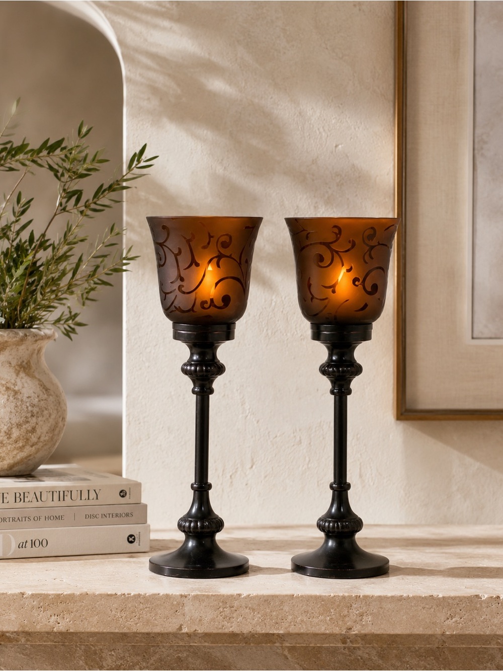 Amber Etched Glass Hurricane Candle Holders | Set of 2 | Bronze Pedestal 13”